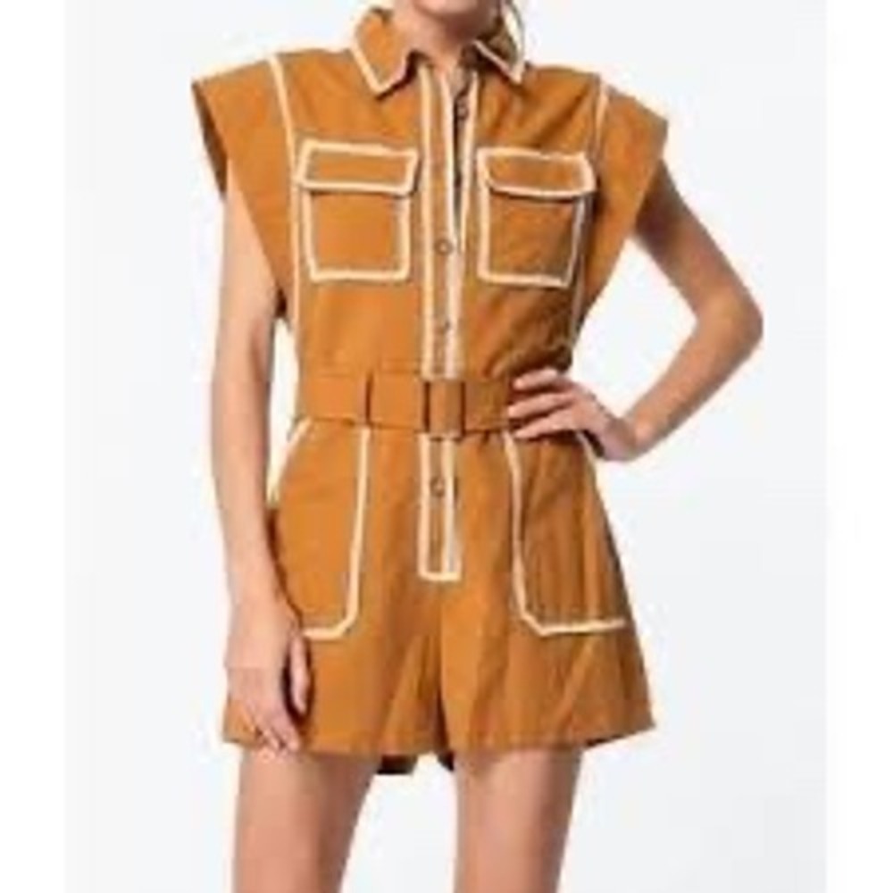 NWT $115 CIEBON Brown with Contrast Piping Safari Cowgirl Utility Romper Size XS